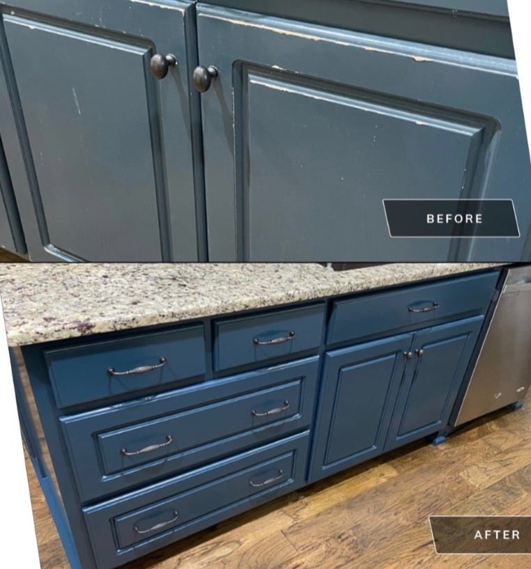 Kitchen Island cabinet repaint Sherwin Williams 7605 Gale Force Opelika