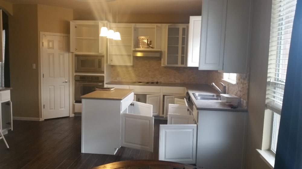 Newly painted kitchen cabinets.