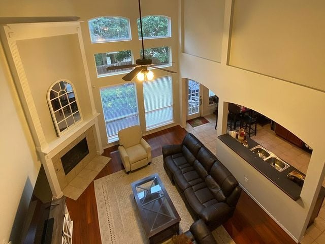 Light gray living room with vaulted ceilings