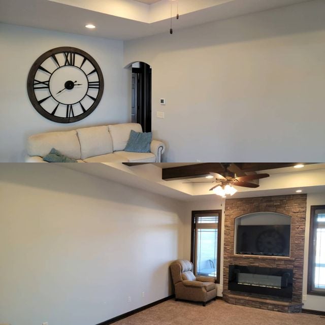 Before and after interior living room painted with Repose Gray color