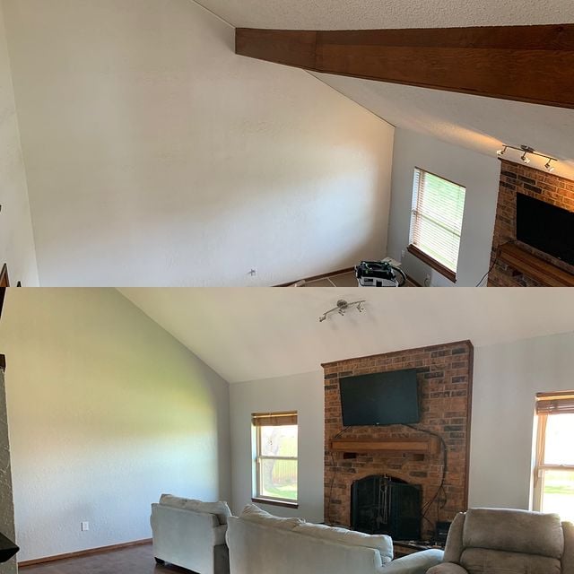 Living room painting for color change. The popcorn ceilings were removed. Color: Sherwin Williams paints with Valspar Sleek Gray custom match.