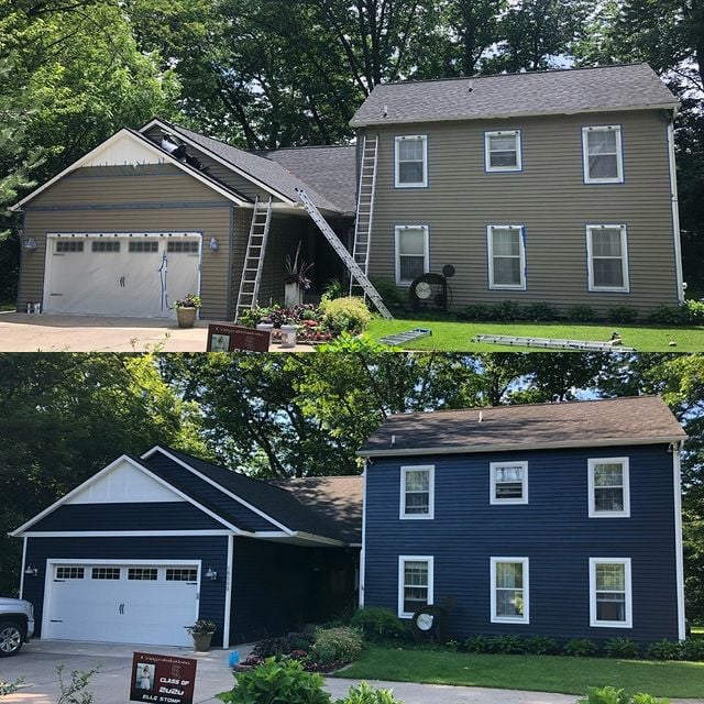 Before and after exterior painting project on a two story home