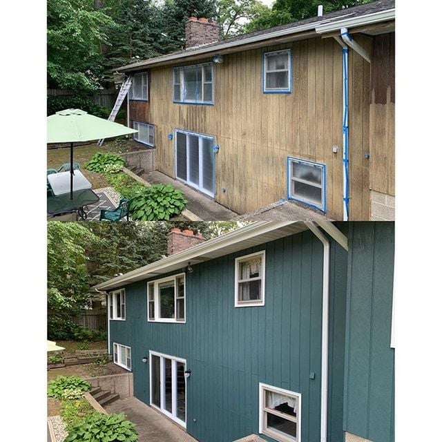 Before and after of exterior painting project on a two story home