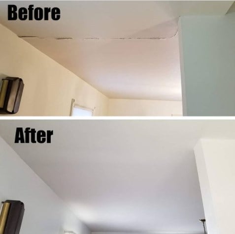 Before and after of peeling ceiling painted white