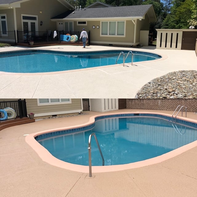 Painted Pool before and after paint project Servicing Raleigh, Durham, Chapel Hill, Wake Forest, Brier Creek, Hillsbourough, Pittsboro, Rolesville with Sherwin Williams, Ben Moore paints for Exterior, Decks, & commerical