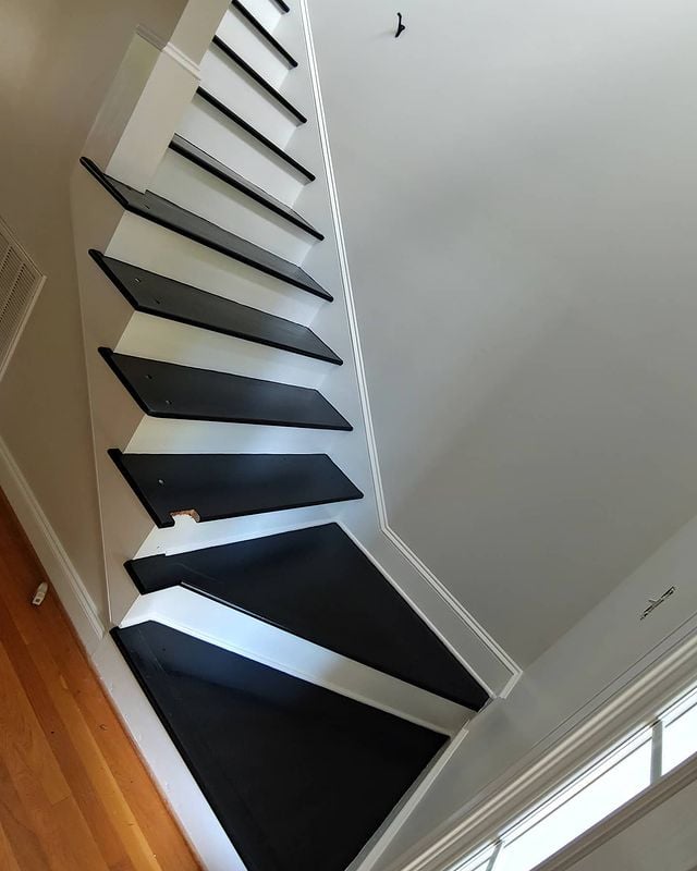 Black treads, white risers, painted stairs, durable paint, staining, interior painting