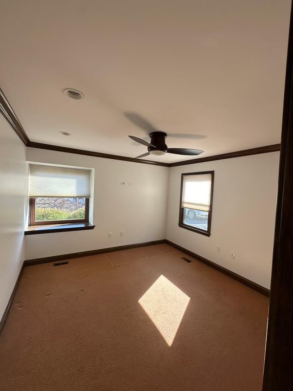 White walls and ceiling Dark trim around two windows and dark ceiling fan Beige flooring