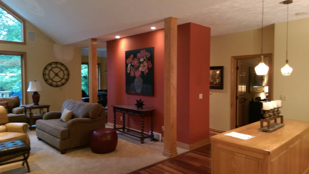 Living room with red accent wall