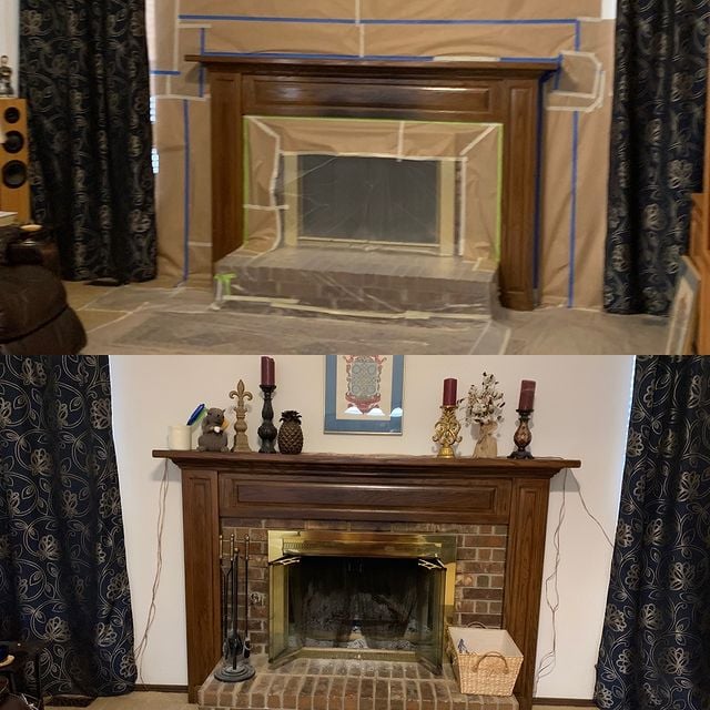 This homeowner's fireplace had a flare-up that scared the wood. We were able to repair and stain to help conceal the damage.