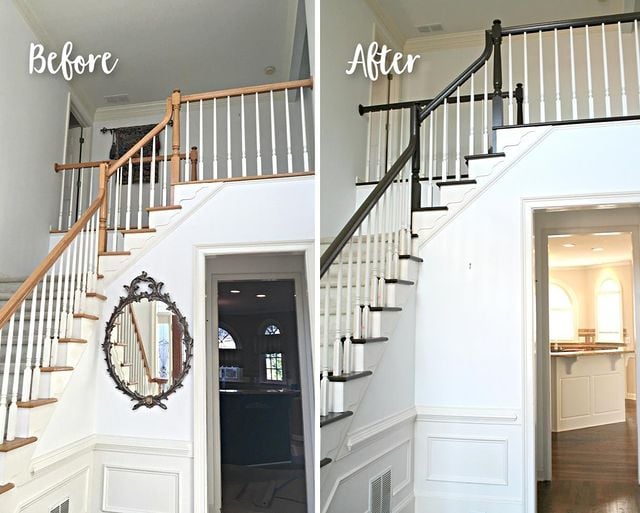 Stair banisters before and after restaining