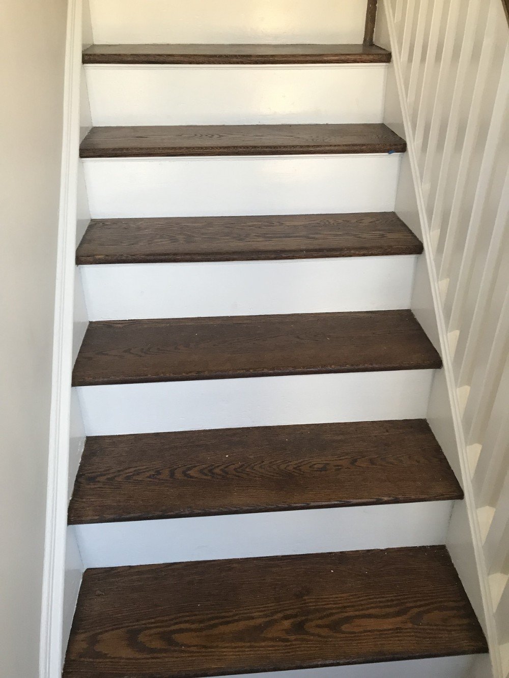 brown wood steps white semi gloss risers