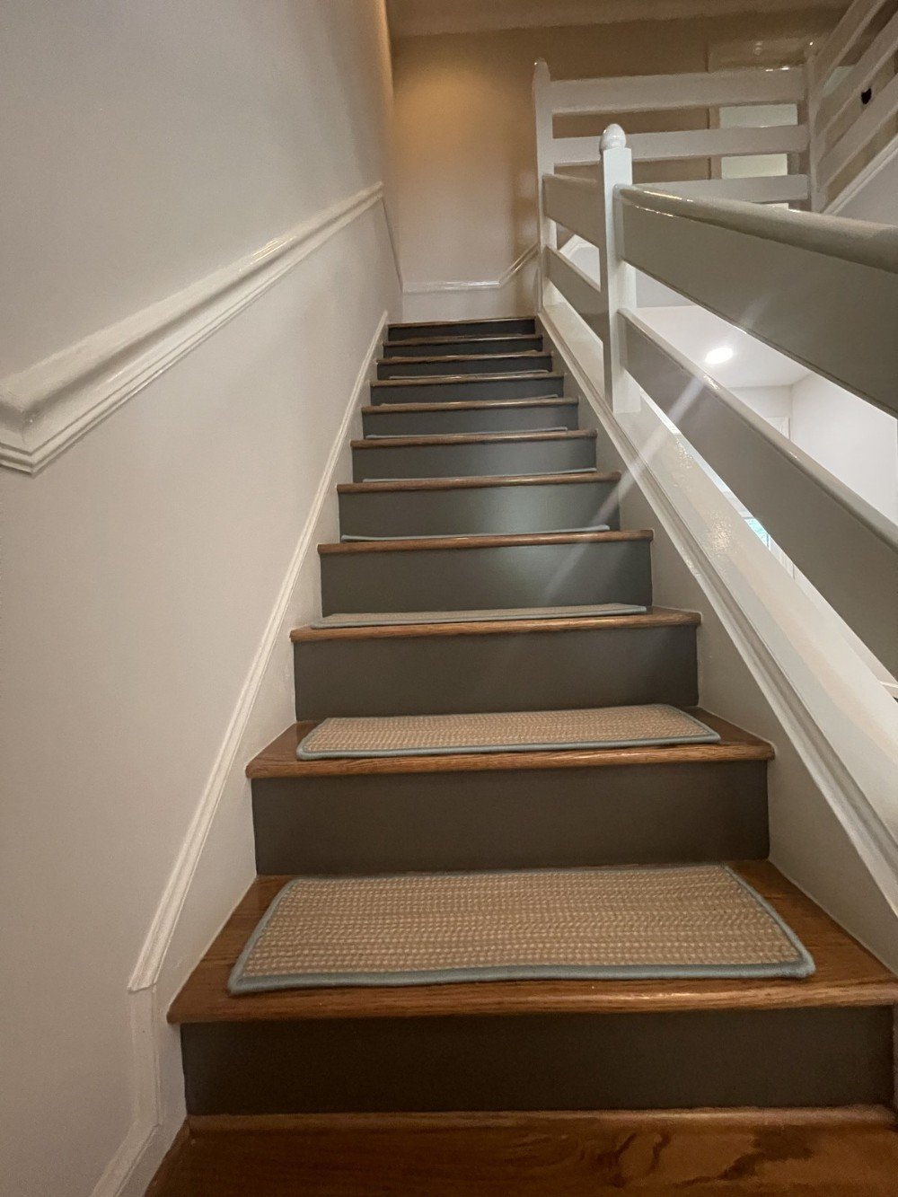 interior residential stairway painted risers white trim