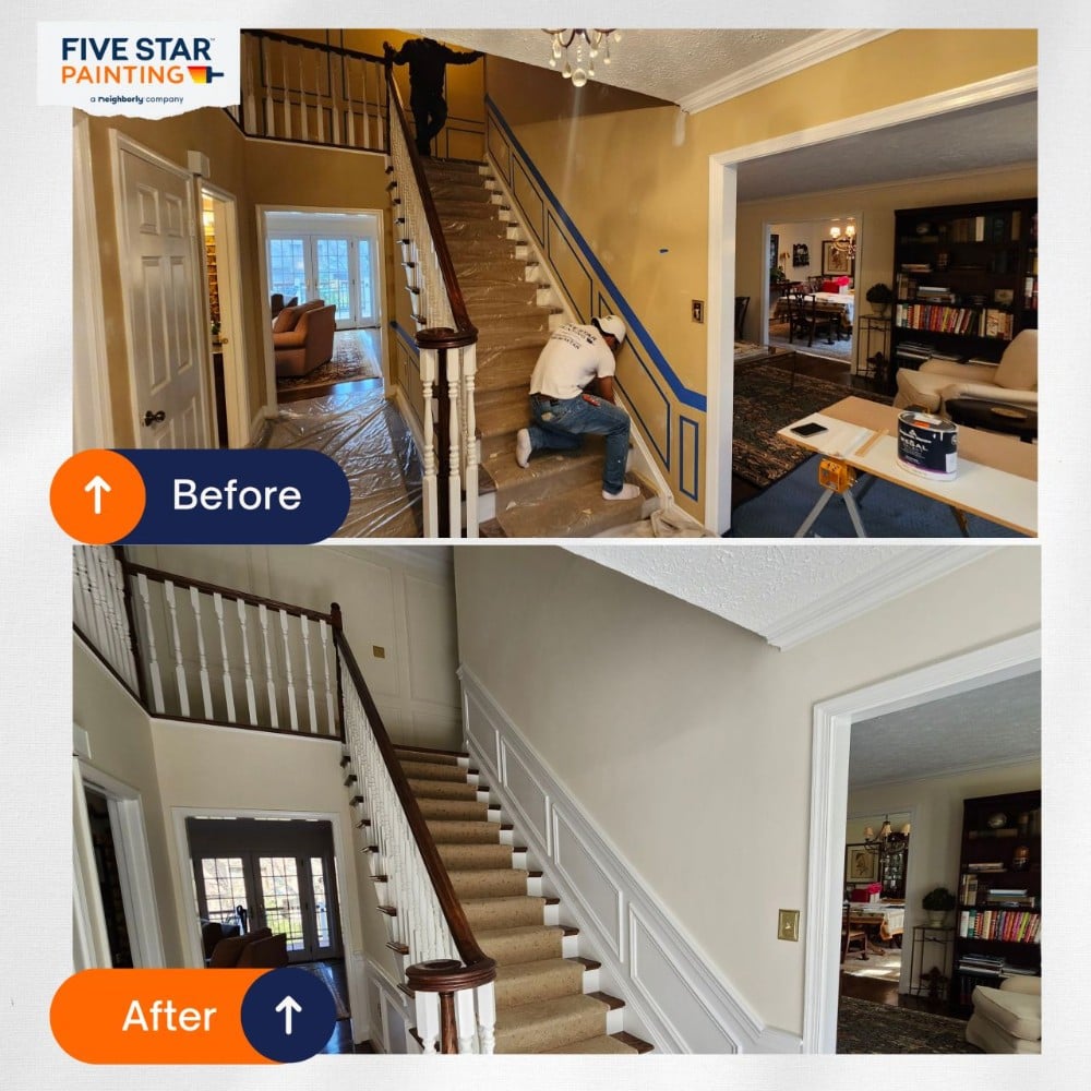 Stairwell repaint, beige, white wainscoting