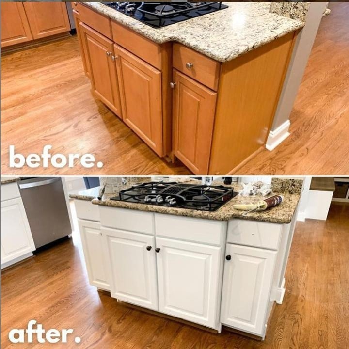 Before and after of kitchen island painted white.