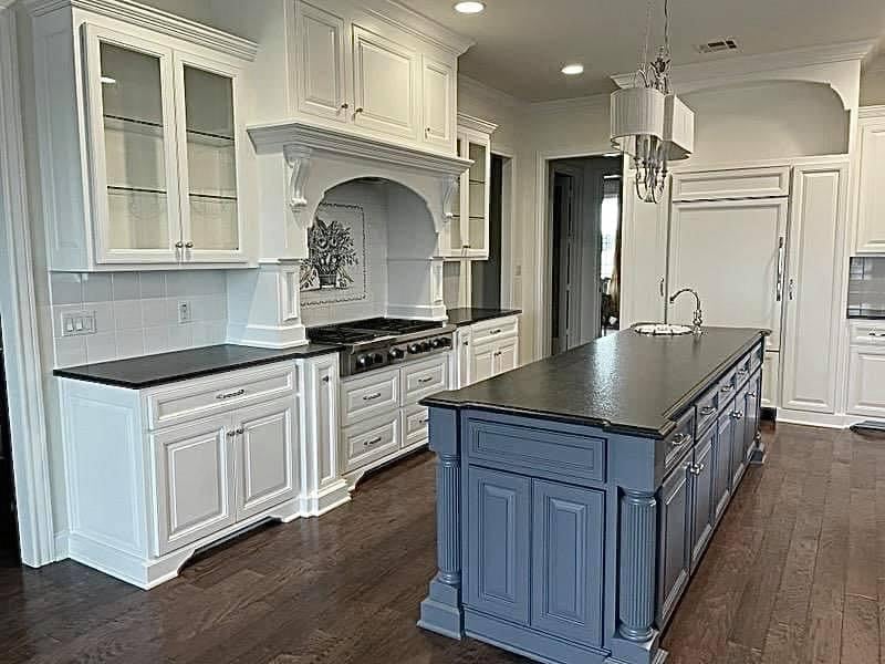 Two Tone White Kitchen Cabinets & Blue Kitchen Island