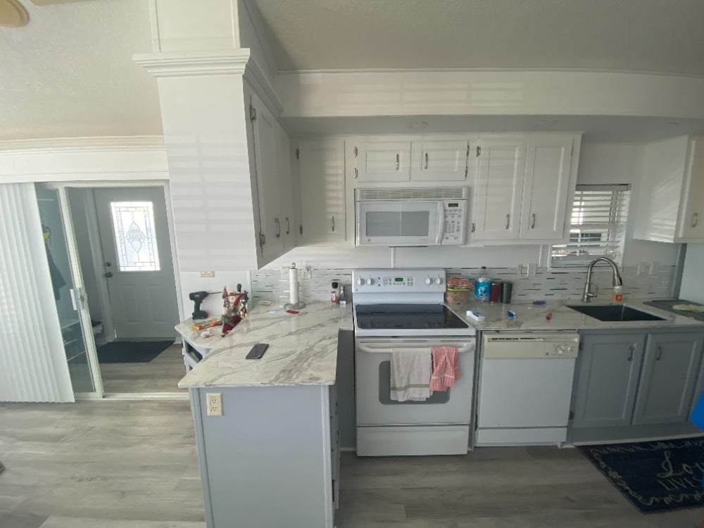 White Kitchen Cabinets with Blue Lower