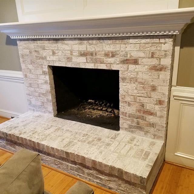 White wash fireplace  Servicing Raleigh, Durham, Chapel Hill, Wake Forest, Brier Creek, Hillsbourough, Pittsboro, Rolesville with Sherwin Williams, Ben Moore paints for Interior, Exterior, cabinets, Decks, & commerical