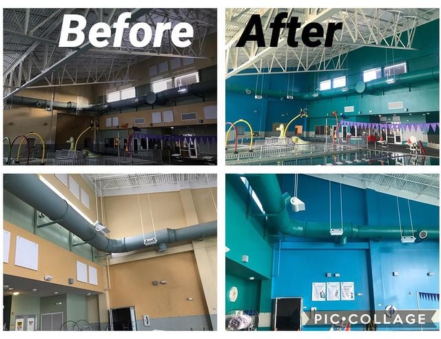 Interior wall painting before and after indoor pool