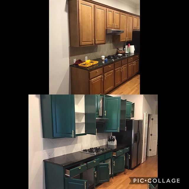 before and after dark green cabinets with black counters