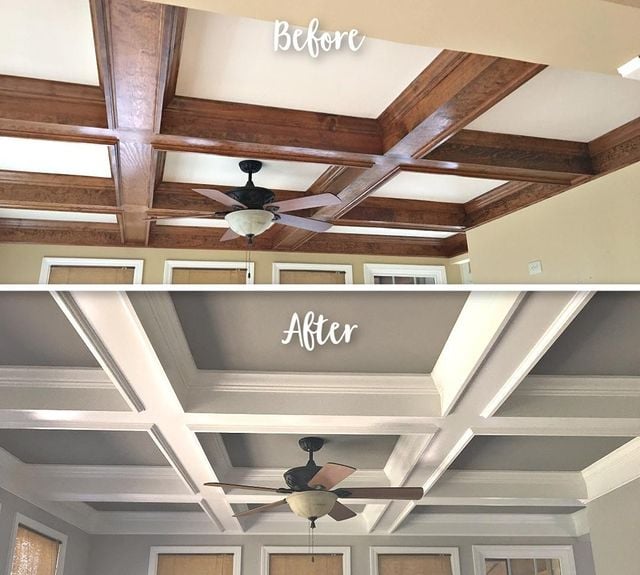 before-after wood-trimmed ceilings painted white