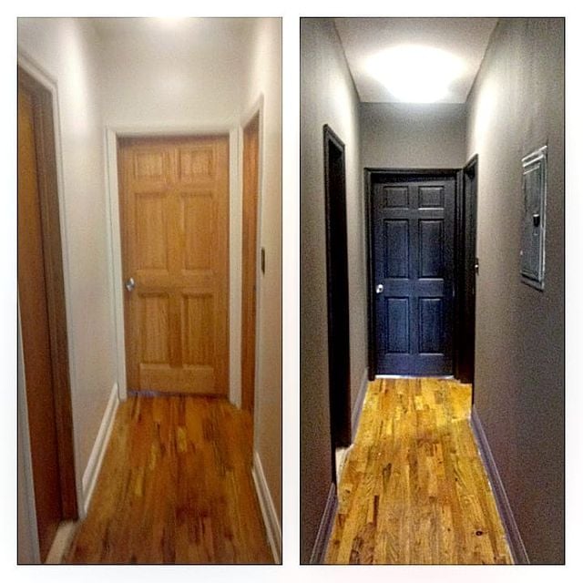 before and after black door and grey hallway