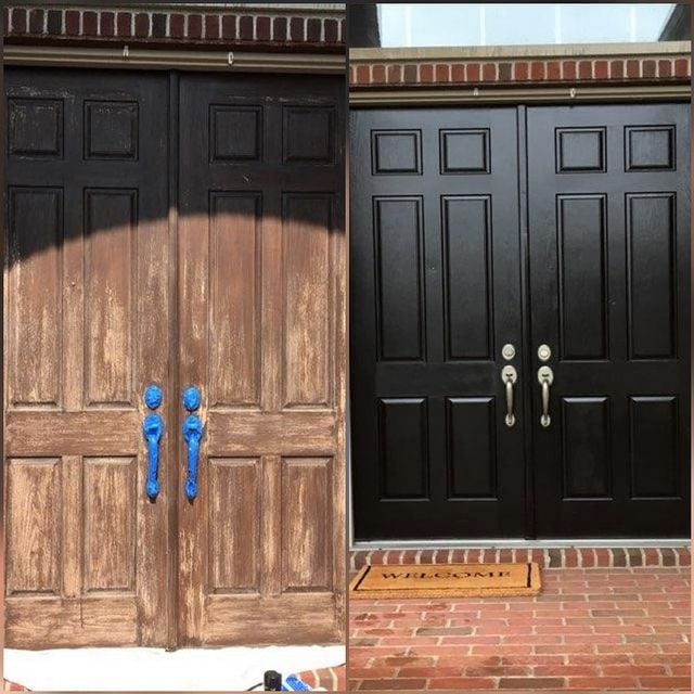 before and after black doors with gold handles