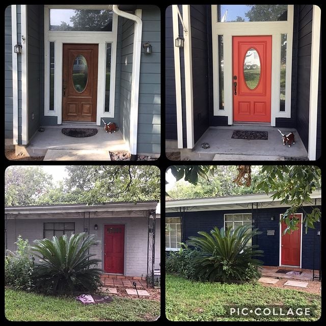 before and after blue house with red door