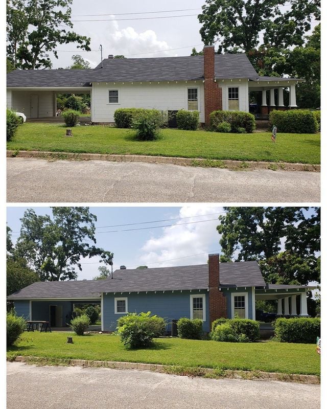 before and after blue house with white accents