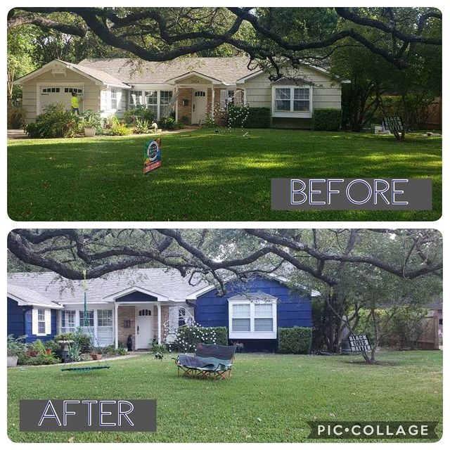 before and after blue house with white accents