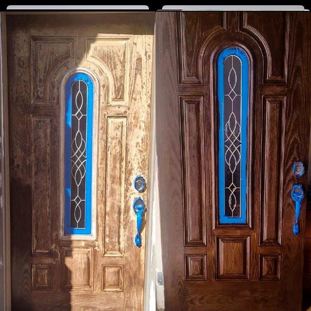 before and after brown stained door