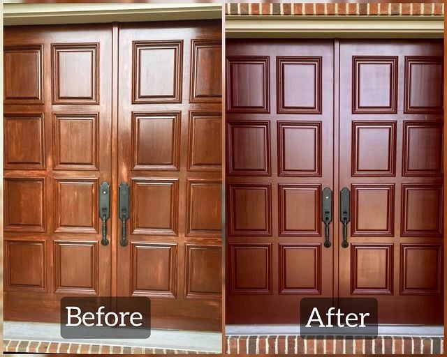 before and after brown stained front doors with black handles