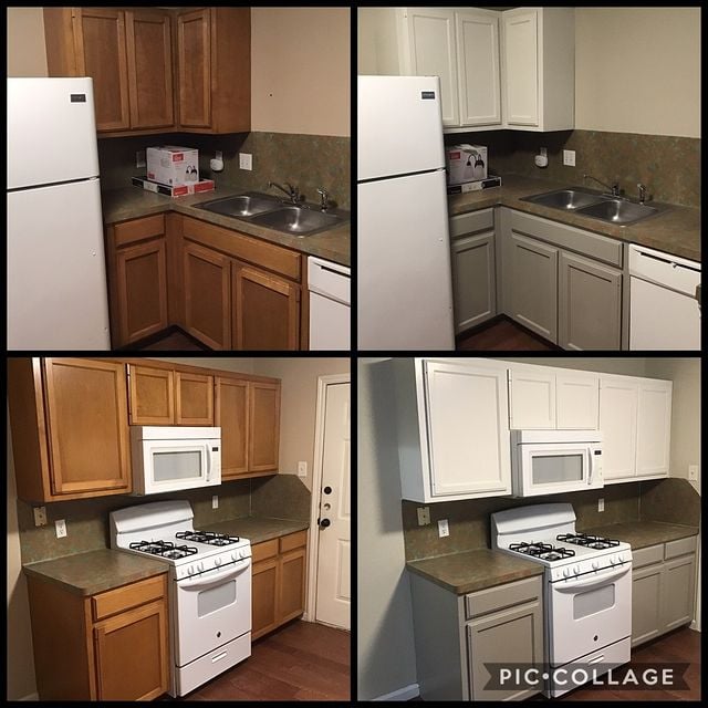 before and after grey and white kitchen cabinets