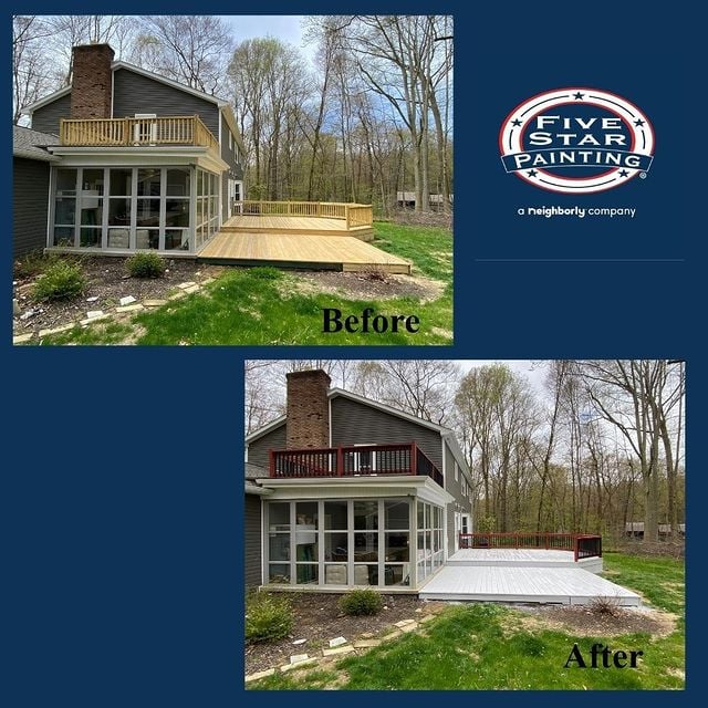 before and after grey house with a white deck and red railings