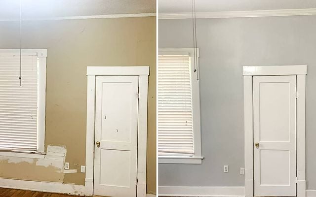 before and after grey wall with white accents and door