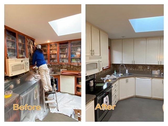 before and after white kitchen with granite counters