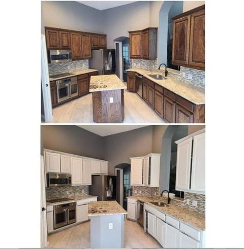 before and after kitchen with white cabinets and marble counters