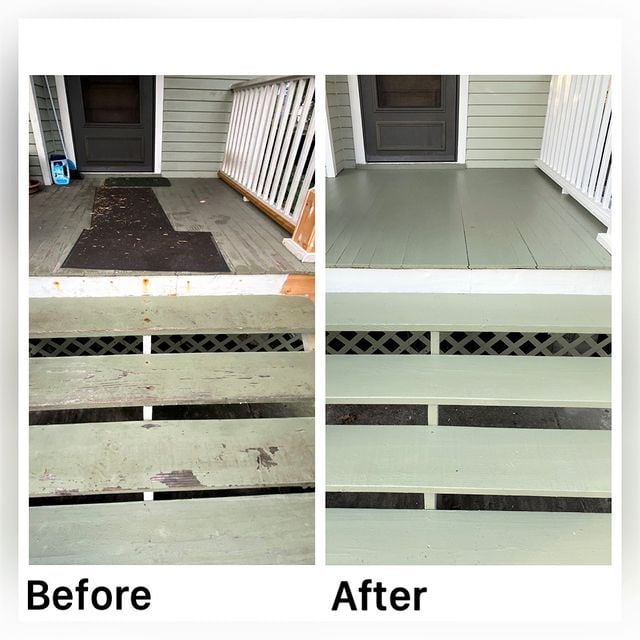 before and after light green stairs and porch