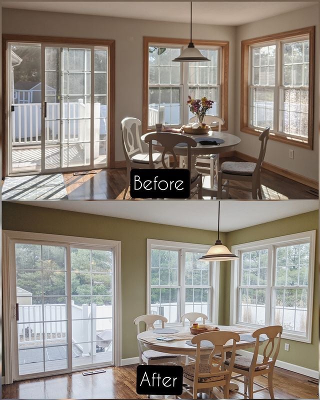 before and after olive green kitchen with white accents