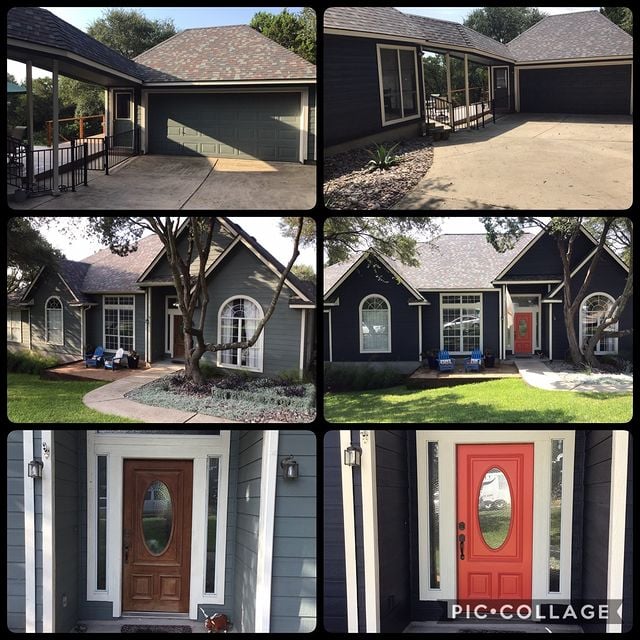 before and after photo collage grey house with white accents and red door