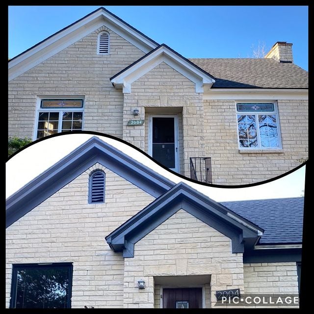 before and after stone house with blue accents