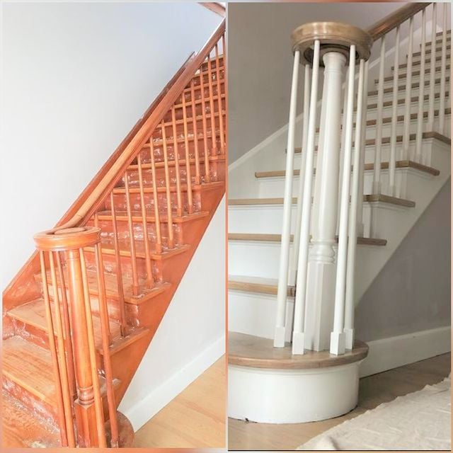 before and after white and brown stairs