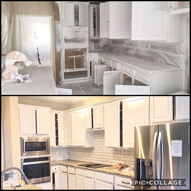 before and after white kitchen cabinets and white tile backsplash