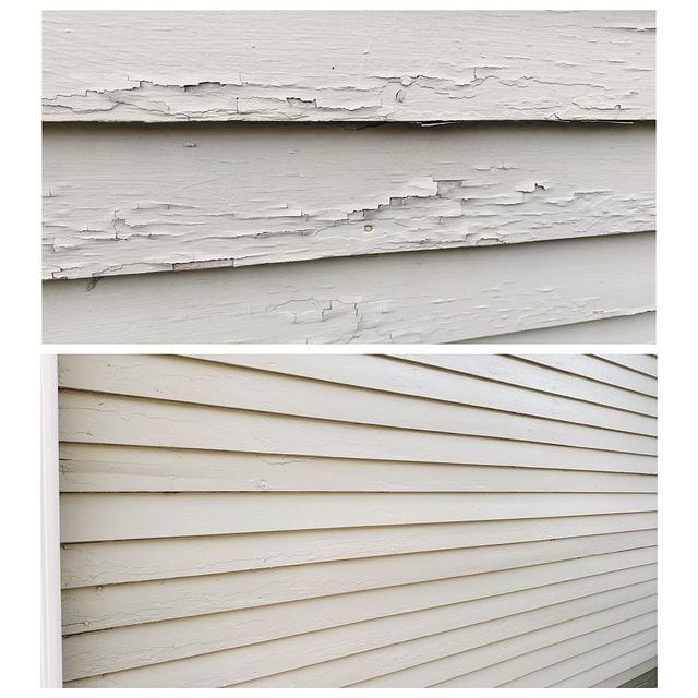 before and after white siding repainted