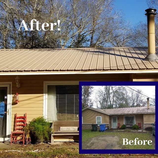 before and after yellow exterior with red chair