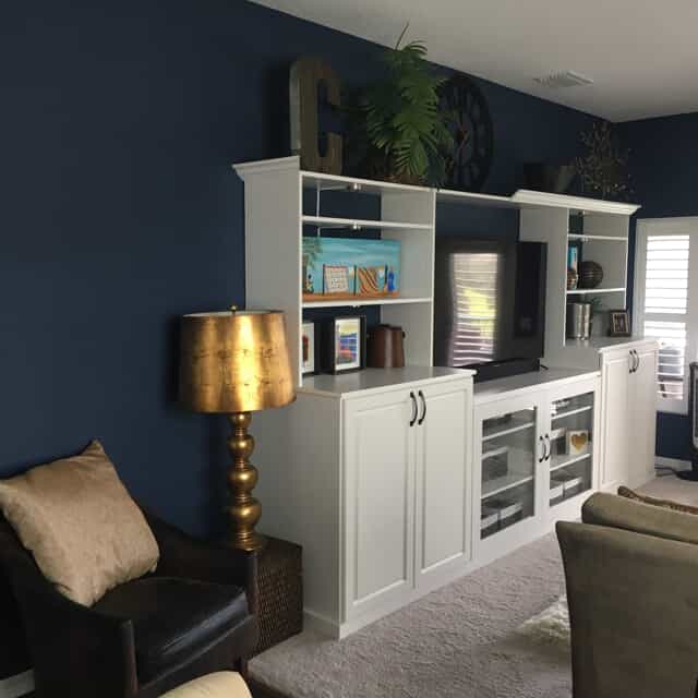 blue living room with white shelves 