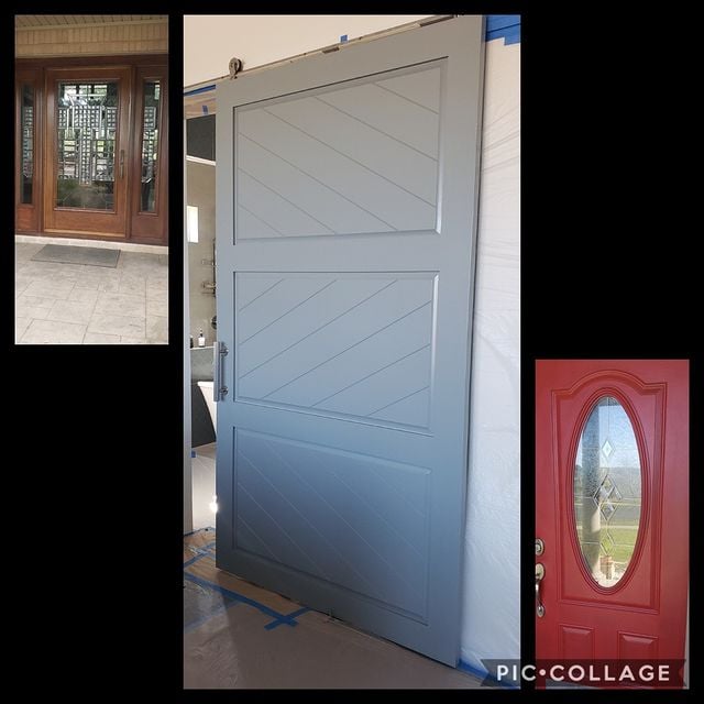 brown, grey, and red doors