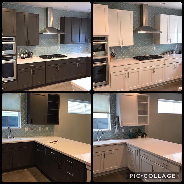 brown cabinets before and white cabinets after with blue back splash