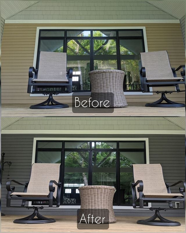 dark grey deck w 2 spinning chairs