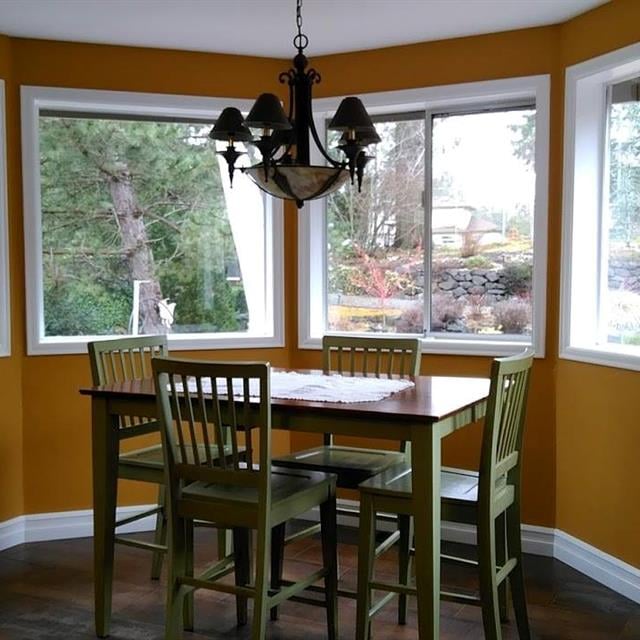 Dining Room with tall table and chairs and three large windows