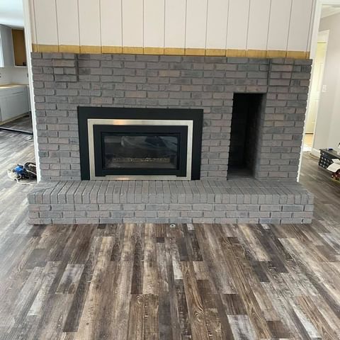 grey brick fireplace